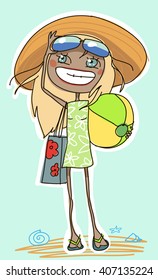 funny print for summer clothes, with the image of girl on the beach