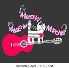 Funny print for a t-shirt or invitation card for a music party. A cute tabby kitten paws the strings of the guitar and sings "Meow! Meow!". Isolated on black background.