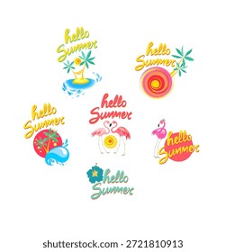 Conjunto de estampados divertidos con letras de hola de verano para pegatinas, camiseta, póster, diseño de moda