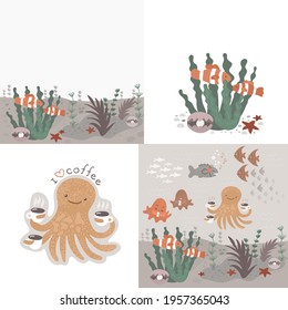 Funny prints set with undersea creatures. Starfish, octopus with coffee, fish listening music, jellyfish watching video on telephone. Lovely animals. Lifestyle undersea stickers.