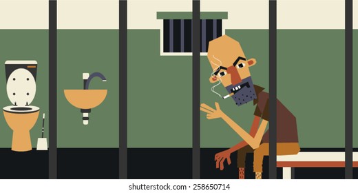 A funny prisoner in prison cell, sitting and smoking a cigarette