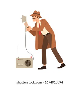 Funny private detective eavesdrop using spy equipment isolated on white. Male cartoon secret agent with mustache solving crime holding wiretap tool vector flat illustration. Cute espionage man