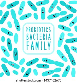 Funny probiotic bacteria family, cartoon characters isolated on white, gut and intestinal flora, germs, virus, set of good microbes in flat style for banner, presentation, package design etc