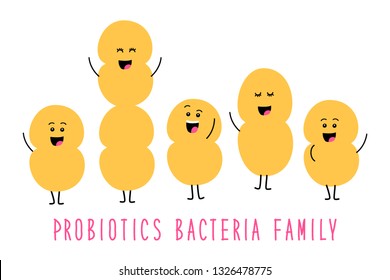 Funny probiotics bacteria family cartoon characters isolated on white, gut and intestinal flora, set in flat style