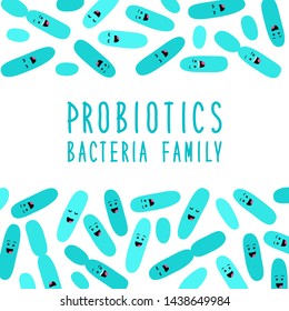 Funny probiotics bacteria family cartoon characters isolated on white, gut and intestinal flora, germs, virus, set of good microbes in flat style for banner, presentation, package design etc