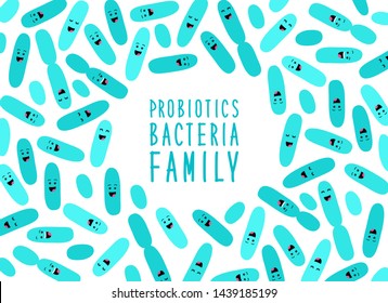 Funny probiotics bacteria family cartoon characters isolated on white, gut and intestinal flora, germs, virus, set of good microbes in flat style for banner, presentation, package design etc