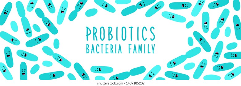 Funny probiotics bacteria family cartoon characters isolated on white, gut and intestinal flora, germs, virus, set of good microbes in flat style for banner, presentation, package design etc