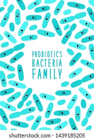 Funny probiotics bacteria family cartoon characters isolated on white, gut and intestinal flora, germs, virus, set of good microbes in flat style for banner, presentation, package design etc