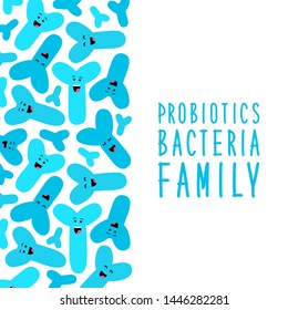 Funny probiotics bacteria family cartoon characters isolated on white, gut and intestinal flora, germs, virus, set of good microbes in flat style for banner, presentation, package design etc