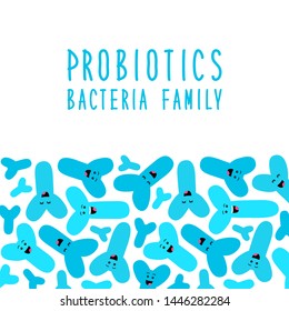 Funny probiotics bacteria family cartoon characters isolated on white, gut and intestinal flora, germs, virus, set of good microbes in flat style for banner, presentation, package design etc