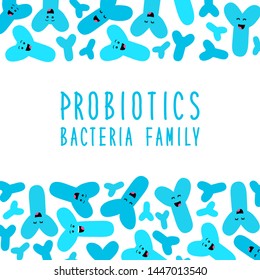 Funny probiotics bacteria family cartoon characters isolated on white, gut and intestinal flora, germs, virus, set of good microbes in flat style for banner, presentation, package design etc