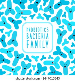 Funny probiotics bacteria family cartoon characters isolated on white, gut and intestinal flora, germs, virus, set of good microbes in flat style for banner, presentation, package design etc