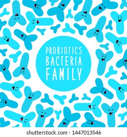 Funny probiotics bacteria family cartoon characters isolated on white, gut and intestinal flora, germs, virus, set of good microbes in flat style for banner, presentation, package design etc