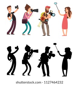 Funny professional photographer with camera taking photo in different poses. Set of photograph silhouettes. Vector illustration
