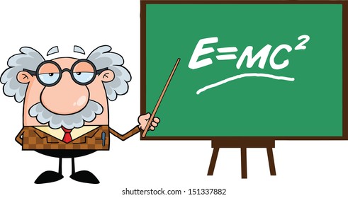 Funny Professor With Pointer Presenting Einstein Formula