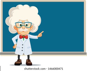 Funny Professor Pointing to Blackboard Vector Cartoon. Genius teacher wearing white lab coat presenting a lesson
