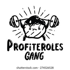 Funny profiterole lifts heavy weight using barbell. Funny bodybuilder illustration. Healthy lifestyle and sport image.