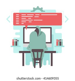 Funny programmer character is writing code