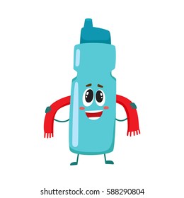 Funny protein shaker bottle character with human face rubbing itself with a towel, cartoon vector illustration isolated on white background. Smiling protein shaker bottle character, sport equipment