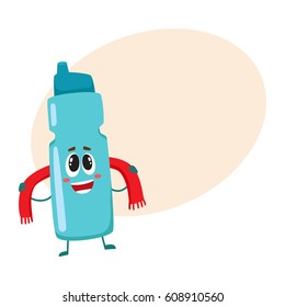 Funny protein shaker bottle character with human face rubbing itself with a towel, cartoon vector illustration with place for text. Smiling protein shaker bottle character, sport equipment