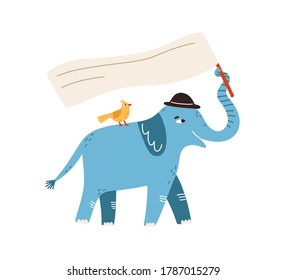 Funny protesting elephant with bird holding flag, banner, card with place for text in trunk. Childish poster, hand drawn announcement. Flat vector cartoon illustration isolated on white background