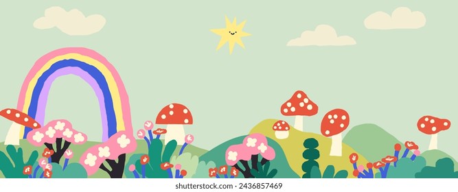 Funny psychedelic background, landscape with cartoon elements for design elements for breaking news