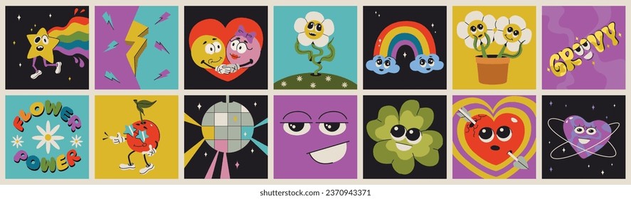 Caracteres de dibujos animados psicodélicos divertidos, caras cómicas de estilo retro moderno. Afiches de diversión cuadrada con elementos groovys de flor, corazón, cerezo, bola de disco y arco iris. Patrones de doodles abstractos.