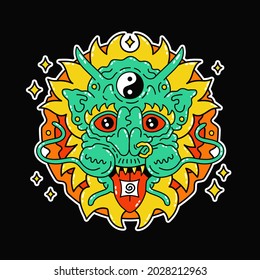 Funny psychedelic magic dragon with acid lsd mark on tongue. Weed marijuana leaf Vector doodle line cartoon kawaii character illustration icon. Magic trippy dragon, acid print on poster, t-shirt
