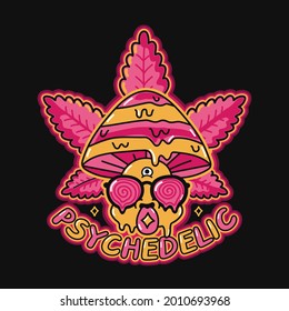 Funny psychedelic magic mushroom with acid mark on tongue. Weed marijuana leaf Vector doodle line cartoon kawaii character illustration icon.Magic trippy mushroom,acid print on poster, shaman t-shirt