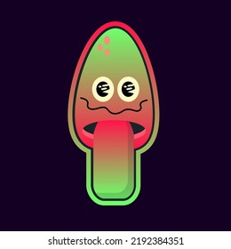 Gracioso hongo psicodélico mágico con marca de ácido en la lengua. Icono de ilustración de personaje kawaii con dibujos animados. Escoba trippy mágica, impresión de ácido en afiche, EPS de camisetas
