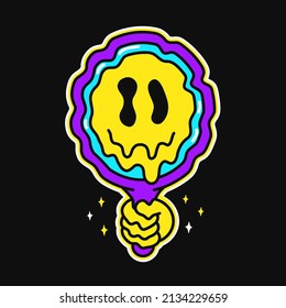 Funny psychedelic melt smile face in mirror logo.Vector cartoon character illustration logo.Smile yellow groovy faces melt,acid,techno,mirror,trippy print for t-shirt,poster,card concept