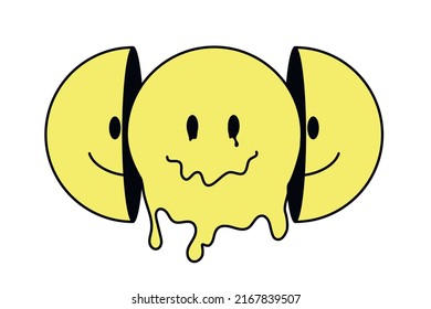 Cara divertida de sonrisa psicodélica. Cara sonriente fundida, pegatina trippy. Diseño de impresión de dos camisetas de media sonrisa. estampado de moda sonriente para camiseta, afiche, hipocresía, concepto de falsedad. Estética Y2K