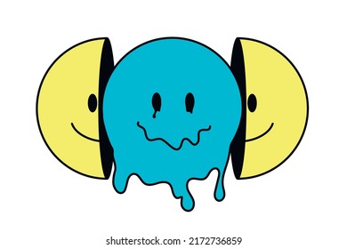 Funny psychedelic melt smile face. Melted smiley face, trippy sticker. Two half smile face t-shirt print design. smile fashion print for t-shirt, poster, hypocrisy, falseness concept. Y2K aesthetic