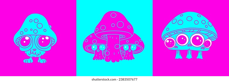 Funny psychedelic mushrooms neon colorful 70s retro style. Vector simple flat illustrations set