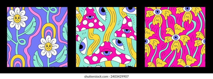 Funny Psychedelic Seamless Patterns set. Funky Y2k trippy collection of colorful hallucinogen endless backgrounds with groovy chamomile, mushroom, flowers and eyes. Repeat vector illustration.