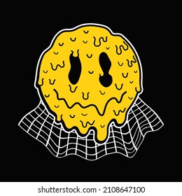 Funny Psychedelic Surreal Melt Smile Face,distorted Grid Logo.Vector Cartoon Character Illustration Logo.Smile Smiley Yellow Groovy Face Melt,acid,techno,trippy Print For T-shirt,poster,card Concept