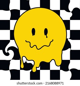 Funny psychedelic surreal melt smile face. Melted smiley face, trippy sticker. geometry futuristic, check grid background art. acid for poster, graphic tee print, bullet journal cover, card. Y2K 