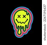 Funny psychedelic surreal techno acid LSD melt smile face logo. Dripping smile. Good mood. Positive emoji. Molten. Vector emoji multi-colored outline on a black background. Emoji face. Closed eyes.