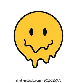 Funny psychedelic surreal techno acid LSD melt smile face logo.Vector cartoon character illustration logo.Smile yellow groovy smiley faces melt,acid,techno,trippy print for t-shirt,poster,card concept