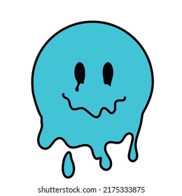 Funny psychedelic surreal techno melt smile face logo. Melted face, trippy sticker. cartoon illustration. Comic element for poster, graphic tee print, bullet journal cover, card. Y2K aesthetic