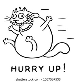 Funny Psycho Cat Jumps From Happiness. Vector Illustration. Cheerful Pet Character Hurry Up.