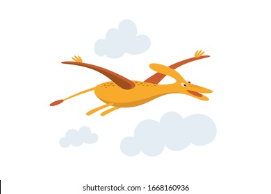 Funny pteranodon flies among the clouds. Cute dinosaur isolated on a white background. Funny prehistoric animal of the Jurassic period. Colorful cartoon vector illustration in flat style.