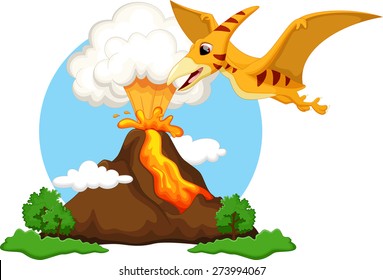 Funny pterodactyl flying with background volcanoes