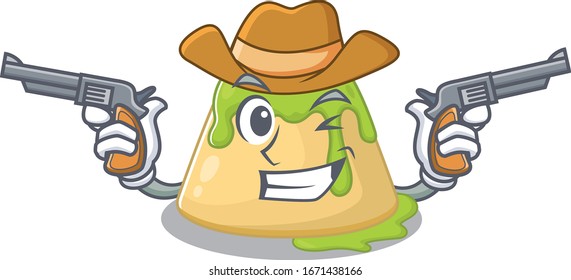 Funny pudding green tea as a cowboy cartoon character holding guns