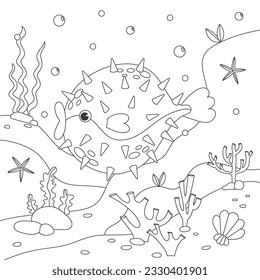 Funny puffer fish cartoon characters. Exotic fish coloring book. Cute animal character for kids design. Black and white illustration perfect for coloring page. Sea world coloring page.