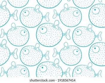 Funny puffers. Seamless pattern with fish. Hand drawn vector stock illustration.