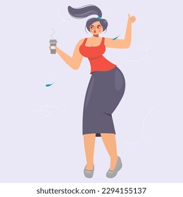 Funny puffy girl dancing with a cup of coffee.Coffee lover card character illustration. Vector.