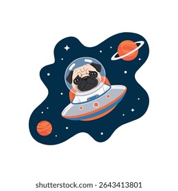 Funny Pug Astronaut Floating in Space Vector Art