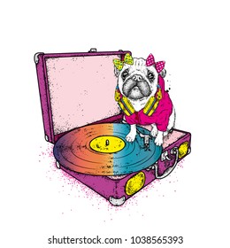 Funny pug with a bow sits on the turntable for vinyl records. Beautiful thoroughbred dog. Vector illustration. Cute puppy.