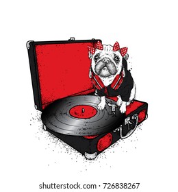 Funny pug with a bow sits on the turntable for vinyl records. Beautiful thoroughbred dog. Vector illustration. Cute puppy.